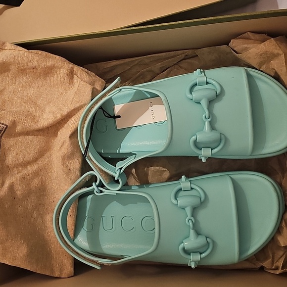 Gucci Rubber Horsebit Platform Sandals In Aqua Size 39 - Picture 7 of 7